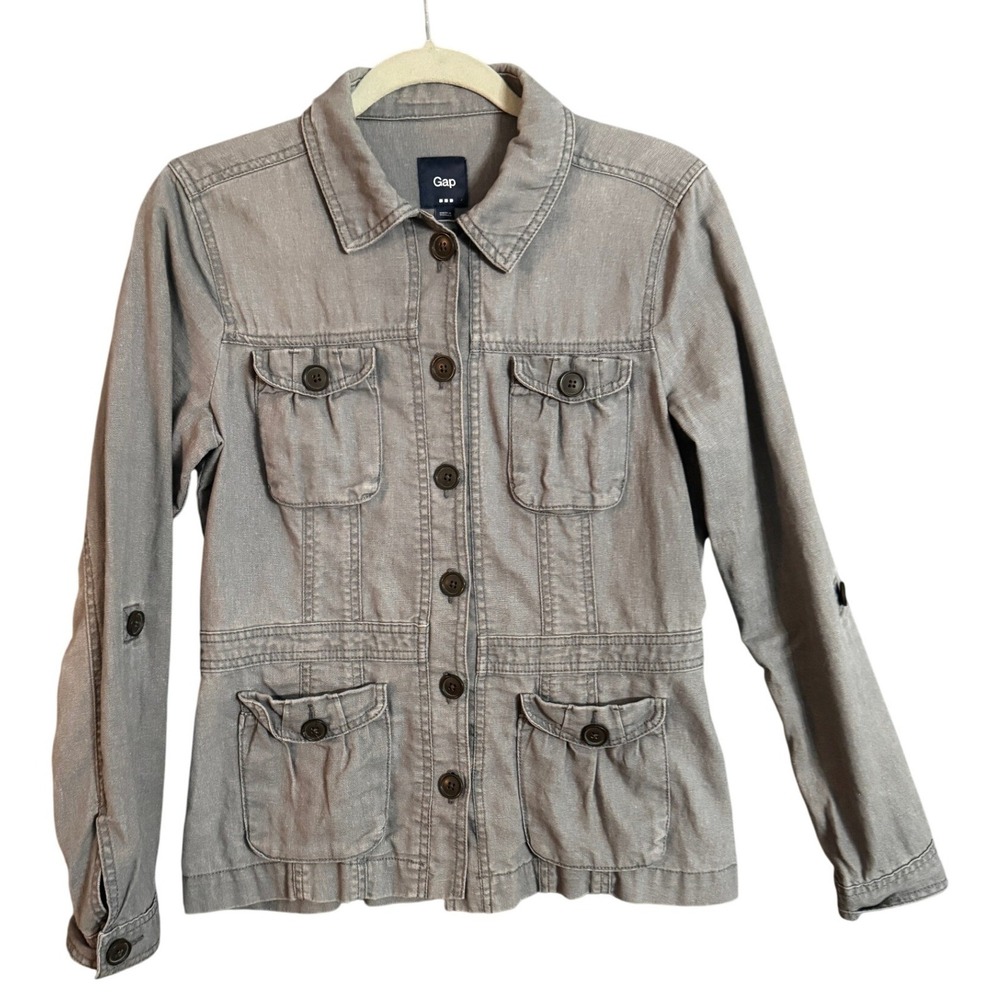 Gap Gray Linen Blend Utility Jacket Button Front … - image 1
